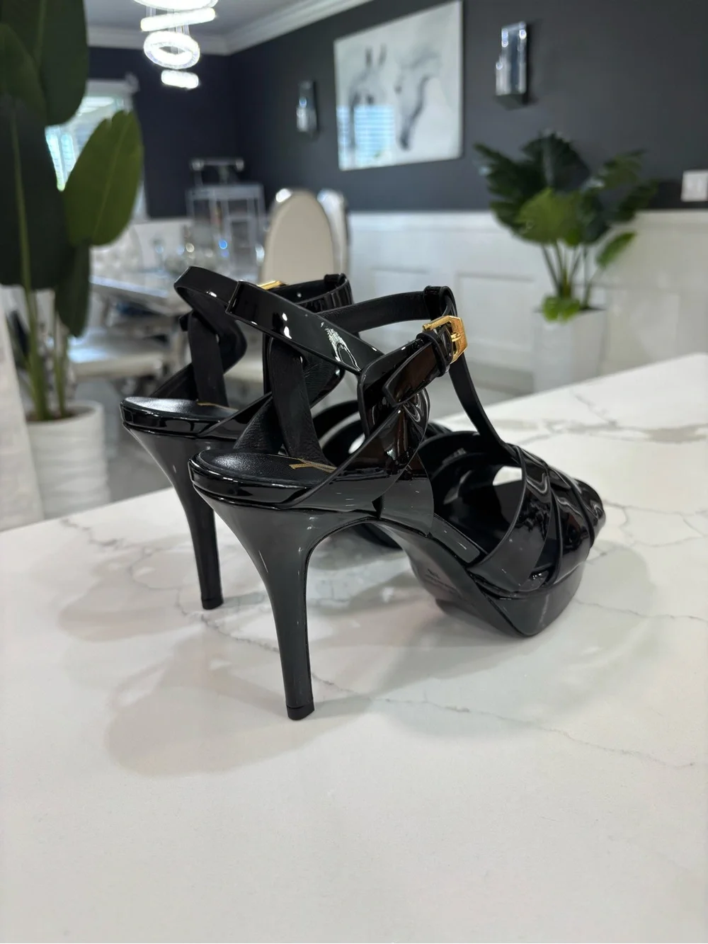 Saint Laurent Black Patent Platform T-Strap Sandals with Gold Buckle - Picture 10 of 12